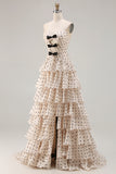 Strapless Apricot Black Dot A Line Tiered Ruffle Cut Out Long Prom Dress with Slit