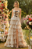 Apricot Black Dot A Line Strapless Tiered Ruffle Cut Out Long Prom Dress with Slit