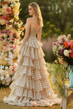 Strapless Apricot Black Dot A Line Tiered Ruffle Cut Out Long Prom Dress with Slit