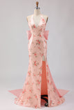 Sparkly Blush Halter Mermaid Side Slit Sequin Long Prom Dress with Large Bow
