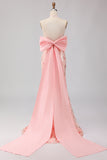 Sparkly Blush Halter Mermaid Side Slit Sequin Long Prom Dress with Large Bow