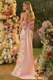 Sparkly Blush Mermaid Halter Side Slit Sequin Long Prom Dress with Large Bow