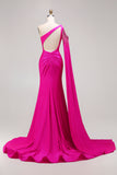 Glitter Fuchsia Mermaid One Shoulder Beaded Ruched Long Prom Dress with Slit