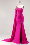 Glitter Fuchsia Mermaid One Shoulder Beaded Ruched Long Prom Dress with Slit