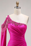 Glitter Fuchsia Mermaid One Shoulder Beaded Ruched Long Prom Dress with Slit