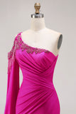 Glitter Fuchsia Mermaid One Shoulder Beaded Ruched Long Prom Dress with Slit