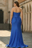 Royal Blue 3D Flowers Strapless Mermaid Beaded Long Plus Size Prom Dress with Slit