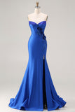 Royal Blue Strapless Mermaid 3D Flowers Beaded Long Prom Dress with Slit