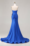 Royal Blue Strapless Mermaid 3D Flowers Beaded Long Prom Dress with Slit