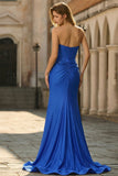 Royal Blue Strapless 3D Flowers Beaded Mermaid Long Prom Dress with Slit