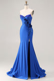 Royal Blue Strapless Mermaid 3D Flowers Beaded Long Prom Dress with Slit