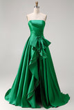 Dark Green Strapless A Line 2 Piece Bowed Long Prom Dress with Slit