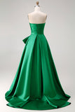 Dark Green Strapless A Line 2 Piece Bowed Long Prom Dress with Slit