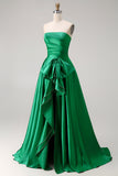 Dark Green Strapless A Line 2 Piece Bowed Long Prom Dress with Slit