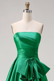 Dark Green Strapless A Line 2 Piece Bowed Long Prom Dress with Slit