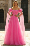 Hot Pink A Line Off the Shoulder Pleated Tulle Long Prom Dress with Streamer