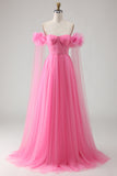 Hot Pink A Line Off the Shoulder Pleated Tulle Long Prom Dress with Streamer