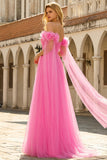 Hot Pink A Line Off the Shoulder Pleated Tulle Long Prom Dress with Streamer