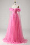 Hot Pink A Line Off the Shoulder Pleated Tulle Long Prom Dress with Streamer
