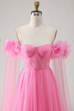 Hot Pink A Line Off the Shoulder Pleated Tulle Long Prom Dress with Streamer