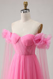 Hot Pink A Line Off the Shoulder Pleated Tulle Long Prom Dress with Streamer