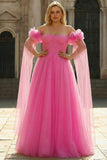 Hot Pink Off the Shoulder A Line Pleated Tulle Long Plus Size Prom Dress with Streamer