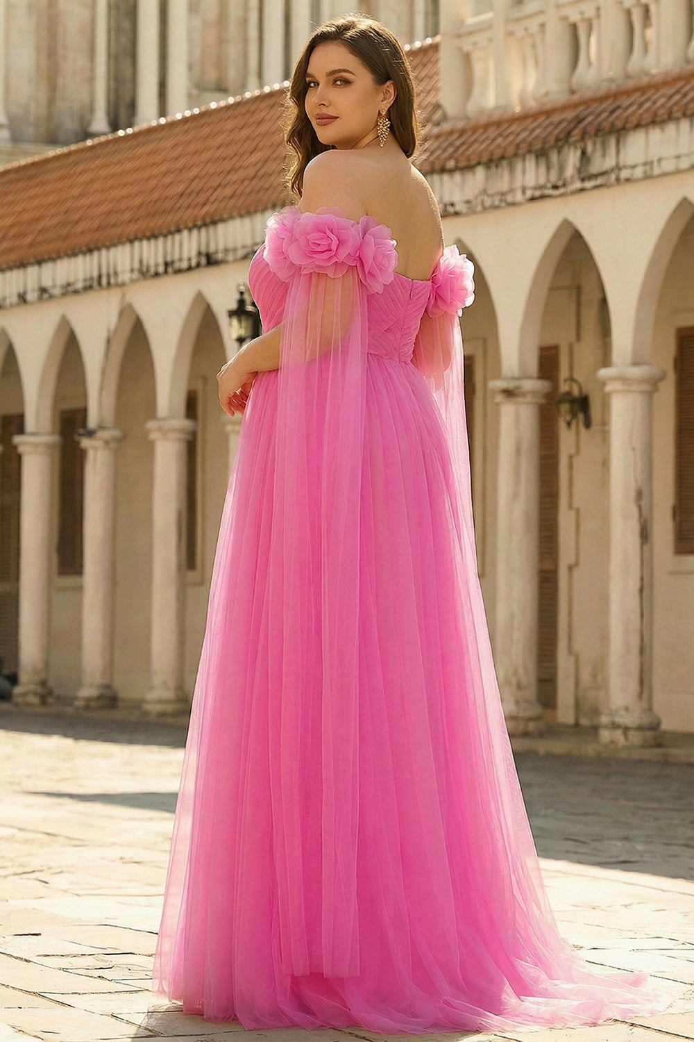 Zapaka Women Hot Pink Tulle Long Plus Size Prom Dress with Streamer Off the Shoulder Pleated A Line Formal Dress ZAPAKA Zapaka Women Hot Pink Tulle Long Plus Size Prom Dress with Streamer Off the Shoulder Pleated A Line Formal Dress ZAPAKA