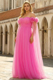 Hot Pink Off the Shoulder A Line Pleated Tulle Long Plus Size Prom Dress with Streamer