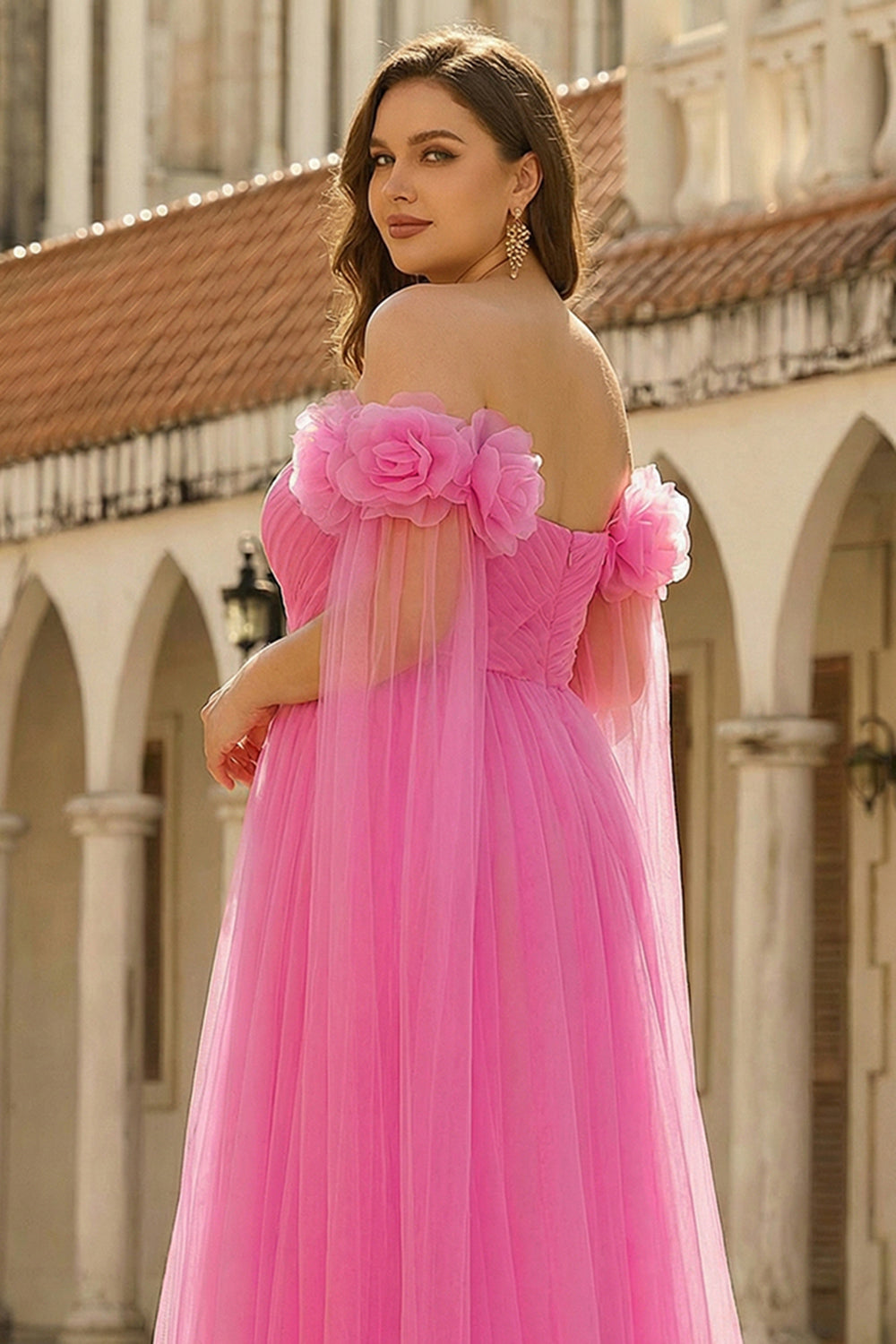 Zapaka Women Hot Pink Tulle Long Plus Size Prom Dress with Streamer Off the Shoulder Pleated A Line Formal Dress, Hot Pink / US26W Zapaka Women Hot Pink Tulle Long Plus Size Prom Dress with Streamer Off the Shoulder Pleated A Line Formal Dress, Hot Pink / US26W