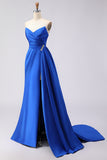 Royal Blue Strapless Mermaid Beaded Long Satin Prom Dress with Slit
