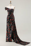 Black One Shoulder Sheath Red Floral Print Long Prom Dress with Flowing Train
