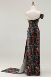 Black One Shoulder Sheath Red Floral Print Long Prom Dress with Flowing Train