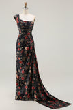 Black One Shoulder Sheath Red Floral Print Long Prom Dress with Flowing Train