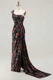 Black One Shoulder Sheath Red Floral Print Long Prom Dress with Flowing Train