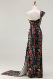 Black One Shoulder Sheath Red Floral Print Long Prom Dress with Flowing Train
