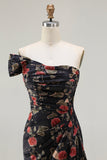 Black One Shoulder Sheath Red Floral Print Long Prom Dress with Flowing Train