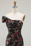 Black One Shoulder Sheath Red Floral Print Long Prom Dress with Flowing Train