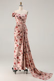 One Shoulder Sheath Blush Floral Print Long Prom Dress with Train