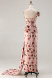 One Shoulder Sheath Blush Floral Print Long Prom Dress with Train