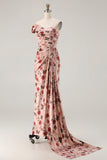 One Shoulder Sheath Blush Floral Print Long Prom Dress with Train