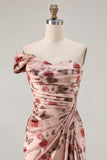 One Shoulder Sheath Blush Floral Print Long Prom Dress with Train