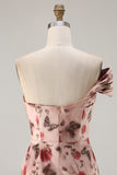 One Shoulder Sheath Blush Floral Print Long Prom Dress with Train