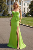 Green Mermaid Strapless 3D Flowers Maxi Dress with Slit