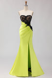 Strapless Mermaid Black Green Appliqued Lace Long Prom Dress with Slit