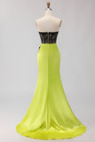 Strapless Mermaid Black Green Appliqued Lace Long Prom Dress with Slit