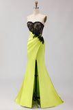 Strapless Mermaid Black Green Appliqued Lace Long Prom Dress with Slit