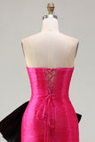 Strapless Fuchsia A-Line Convertible Satin Long Prom Dress with Large Bow