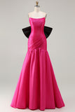 Strapless Fuchsia A-Line Convertible Satin Long Prom Dress with Large Bow