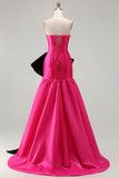 Strapless Fuchsia A-Line Convertible Satin Long Prom Dress with Large Bow
