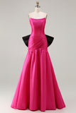 Strapless Fuchsia A-Line Convertible Satin Long Prom Dress with Large Bow